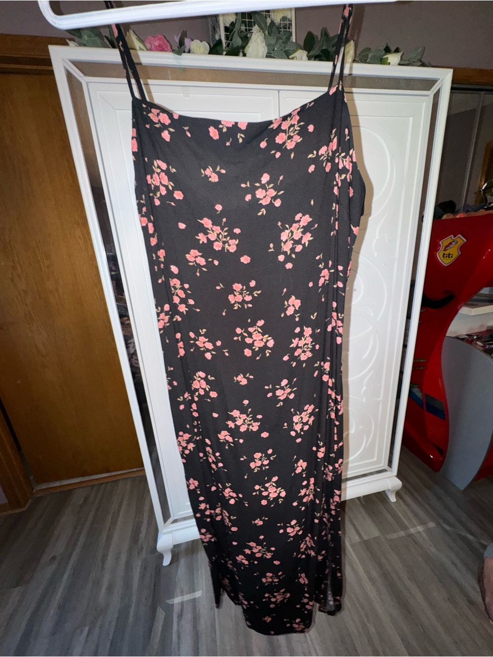 Garage Black Floral Slip Maxi Skirt with Pink Blossoms